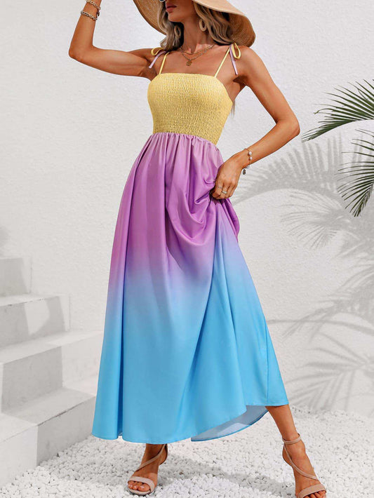 Color Block Tie Shoulder Smocked Maxi Dress - Trendsi - Flyclothing LLC