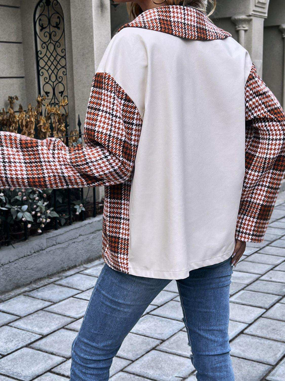 Plaid Collared Neck Drop Shoulder Jacket - Trendsi - Flyclothing LLC