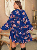 Plus Size Printed Tie Neck Balloon Sleeve Mini Dress - Trendsi - Flyclothing LLC
