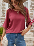 Textured Round Neck Split Sleeve Top - Trendsi - Flyclothing LLC