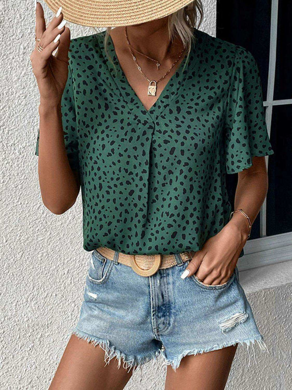Animal Print V-Neck Flutter Sleeve Blouse - Trendsi - Flyclothing LLC