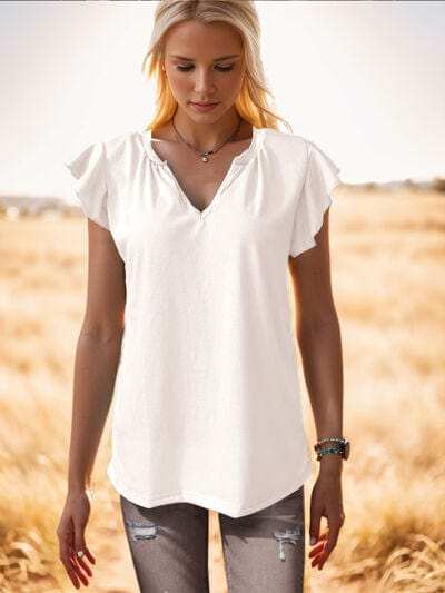 Ruffled Notched Cap Sleeve Tank - Trendsi - Flyclothing LLC