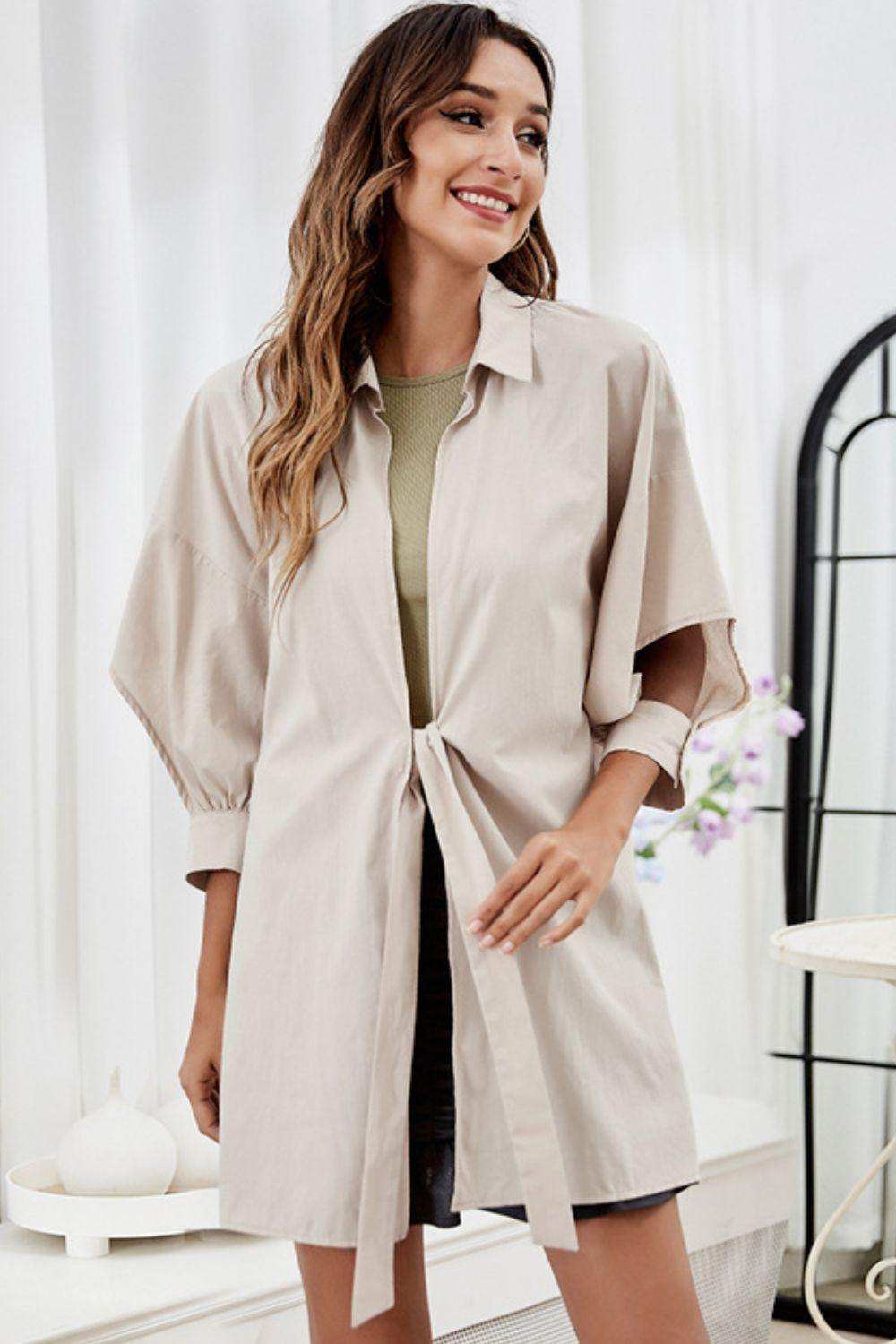 Tie Front Collared Neck Cutout Shacket - Trendsi - Flyclothing LLC