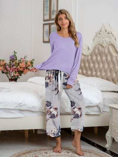 Round Neck Top and Printed Pants Lounge Set - Trendsi - Flyclothing LLC