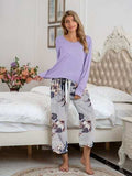 Round Neck Top and Printed Pants Lounge Set - Trendsi - Flyclothing LLC