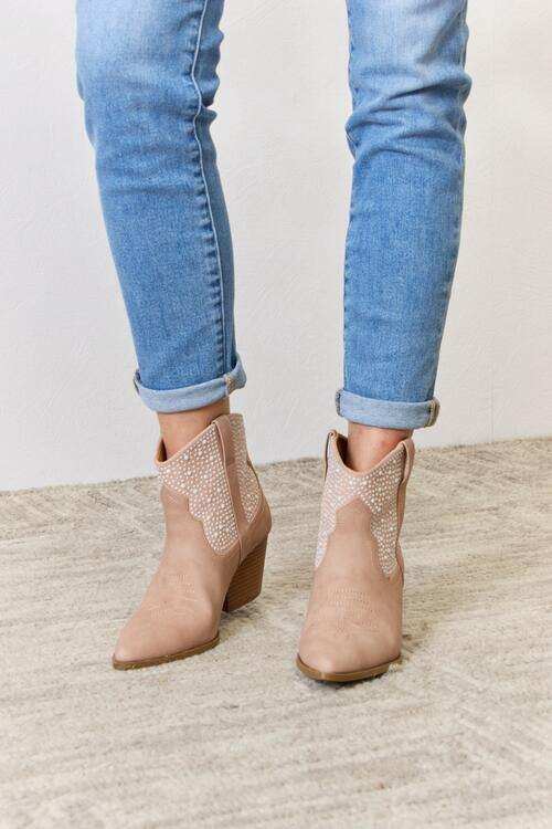 East Lion Corp Rhinestone Ankle Cowgirl Booties - Trendsi - Flyclothing LLC