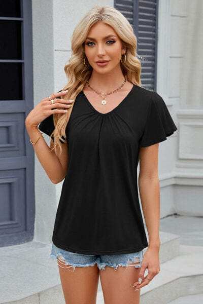 V-Neck Flutter Sleeve T-Shirt - Trendsi - Flyclothing LLC