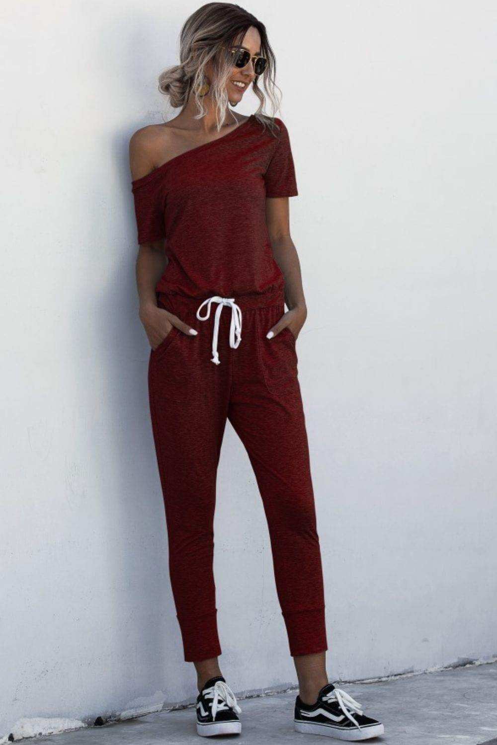 Asymmetrical Neck Tied Jumpsuit with Pockets - Trendsi - Flyclothing LLC