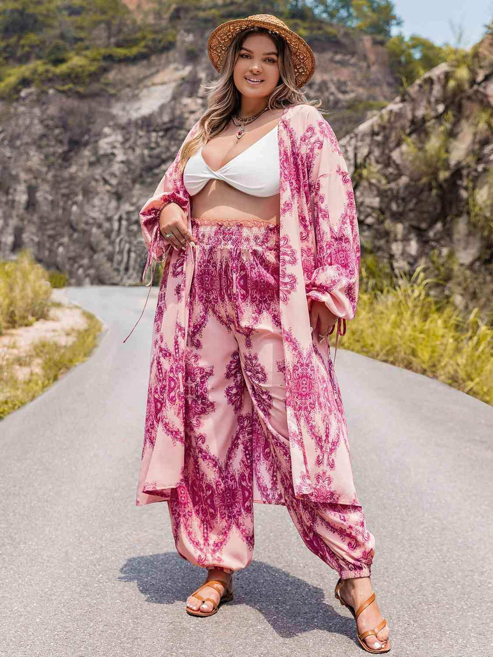 Plus Size Open Front Cardigan and Pants Set - Trendsi - Flyclothing LLC