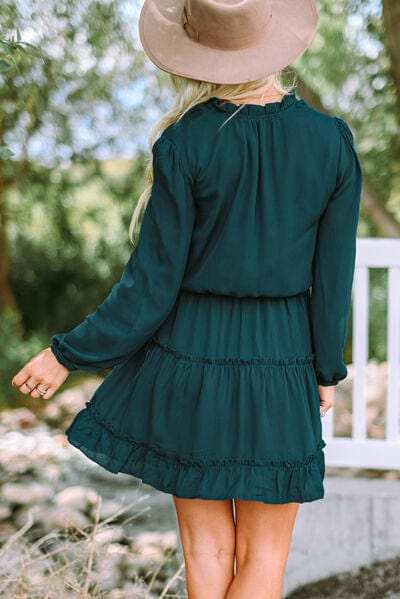 Frill Tie Neck Balloon Sleeve Dress - Trendsi - Flyclothing LLC