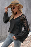 V-Neck Spliced Lace Flare Sleeve Top - Trendsi - Flyclothing LLC