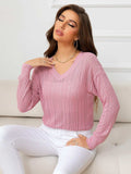 V-Neck Long Sleeve Eyelet Knit Top - Trendsi - Flyclothing LLC