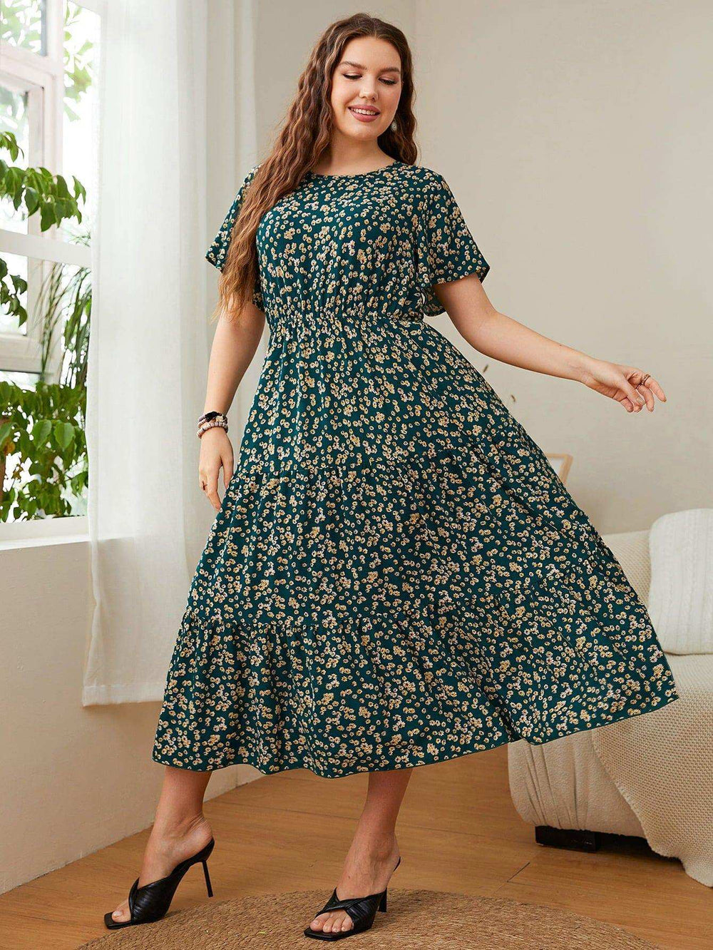 Plus Size Floral Round Neck Short Sleeve Midi Dress - Trendsi - Flyclothing LLC