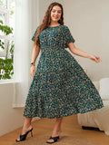 Plus Size Floral Round Neck Short Sleeve Midi Dress - Trendsi - Flyclothing LLC