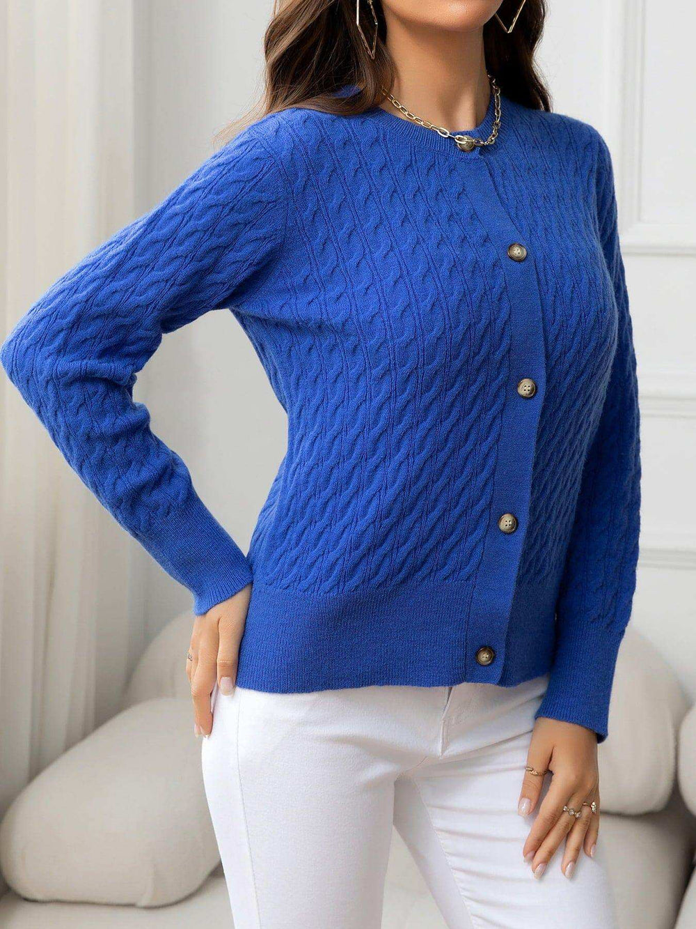 Round Neck Cable-Knit Buttoned Knit Top - Trendsi - Flyclothing LLC