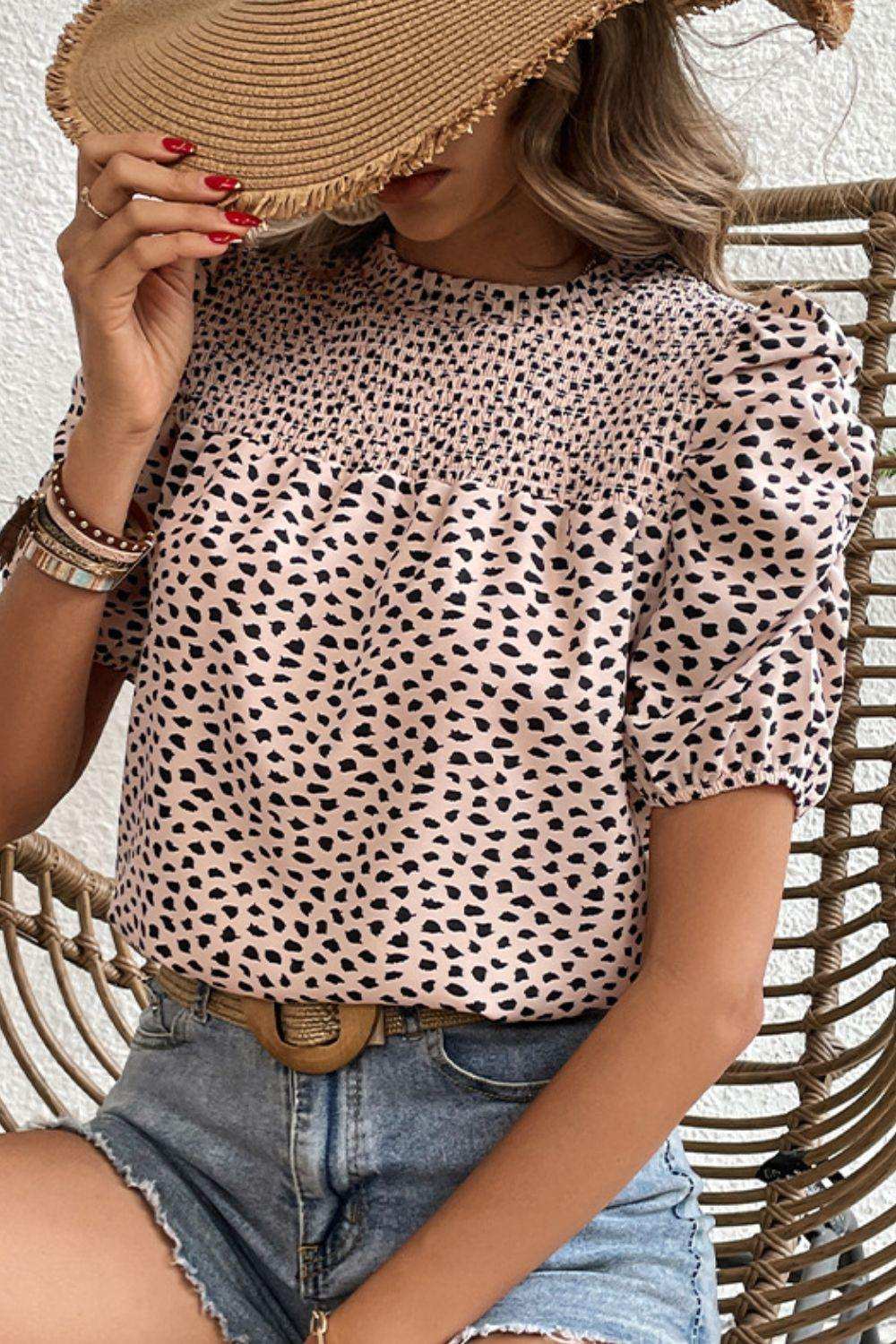 Printed Smocked Puff Sleeve Blouse - Trendsi - Flyclothing LLC