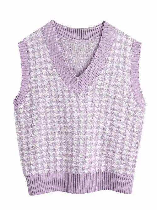 Houndstooth V-Neck Sweater Vet - Trendsi - Flyclothing LLC