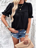 Eyelet Mock Neck Flounce Sleeve Blouse - Trendsi - Flyclothing LLC