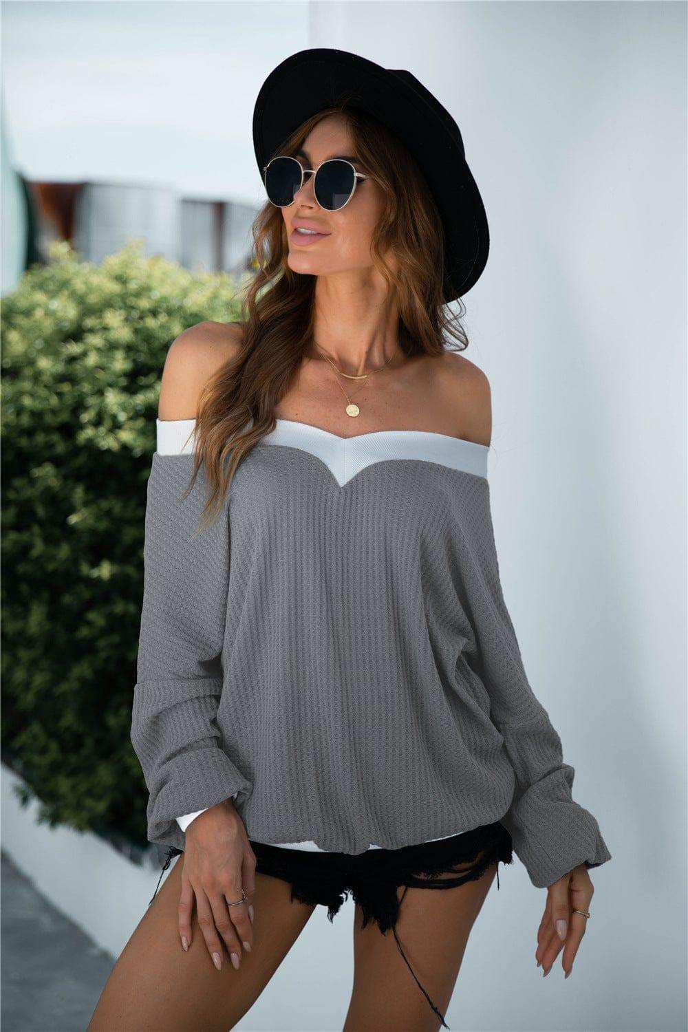 Off-Shoulder Waffle-knit Dropped Shoulder Blouse - Trendsi - Flyclothing LLC