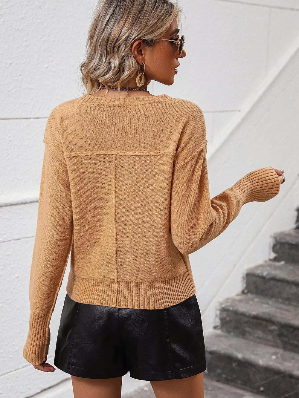 V-Neck Dropped Shoulder Long Sleeve Knit Top - Trendsi - Flyclothing LLC