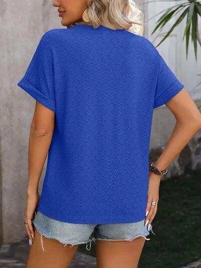 Eyelet Notched Short Sleeve T-Shirt - Trendsi - Flyclothing LLC
