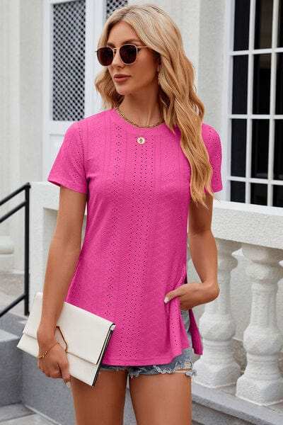 Eyelet Slit Round Neck Short Sleeve T-Shirt - Trendsi - Flyclothing LLC