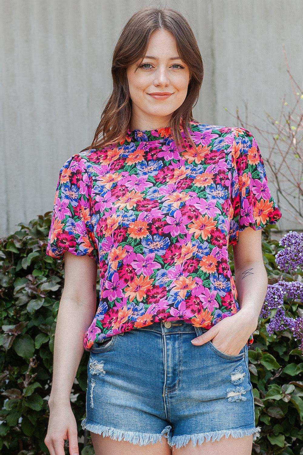 Floral Print Puff Sleeve Round Neck Blouse - Trendsi - Flyclothing LLC