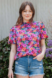 Floral Print Puff Sleeve Round Neck Blouse - Trendsi - Flyclothing LLC