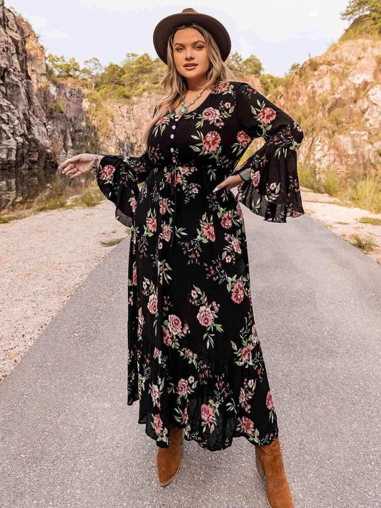 Plus Size Floral Flare Sleeve Dress - Trendsi - Flyclothing LLC