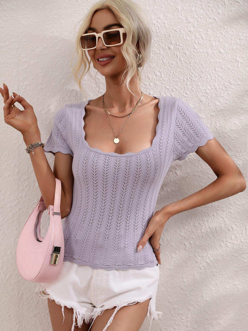 Scalloped Hem Square Neck Knit Top - Trendsi - Flyclothing LLC