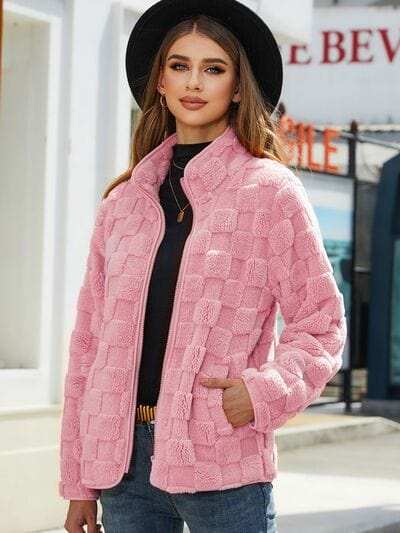 Fuzzy Checkered Zip Up Jacket - Trendsi - Flyclothing LLC