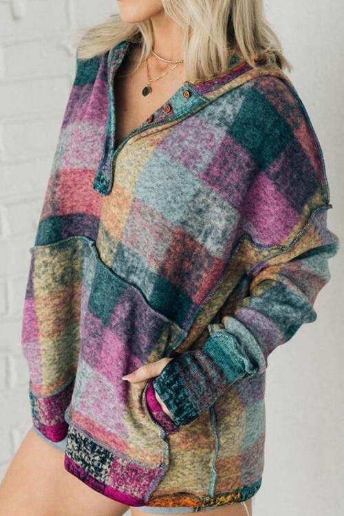 Multicolor Brushed Plaid Buttoned Pullover Oversized Hoodie - Trendsi - Flyclothing LLC