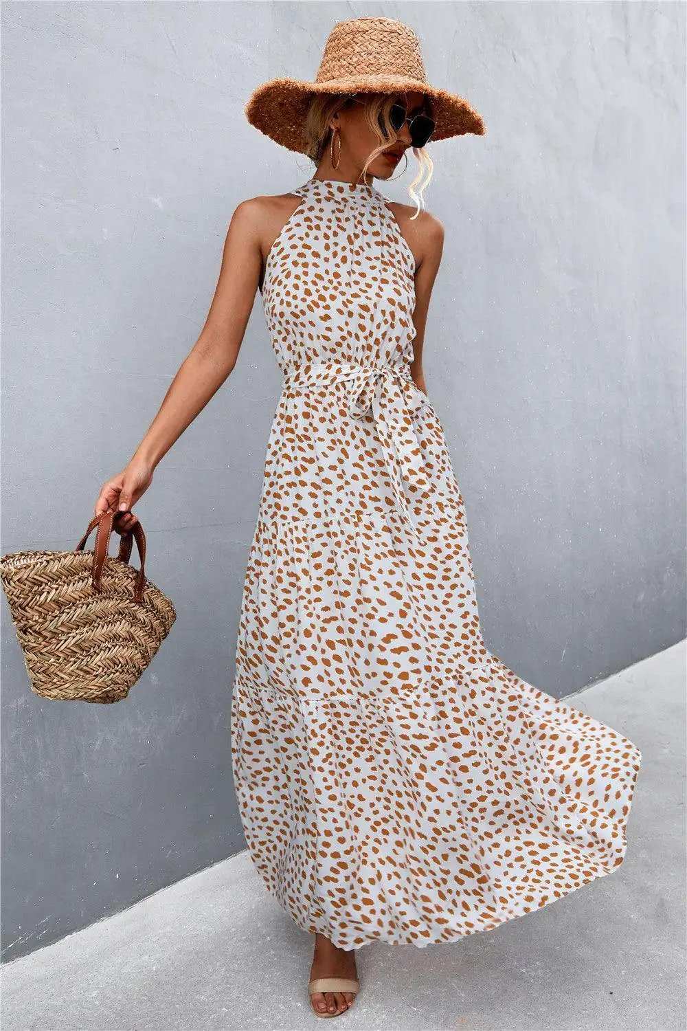 Printed Sleeveless Tie Waist Maxi Dress - Trendsi - Flyclothing LLC