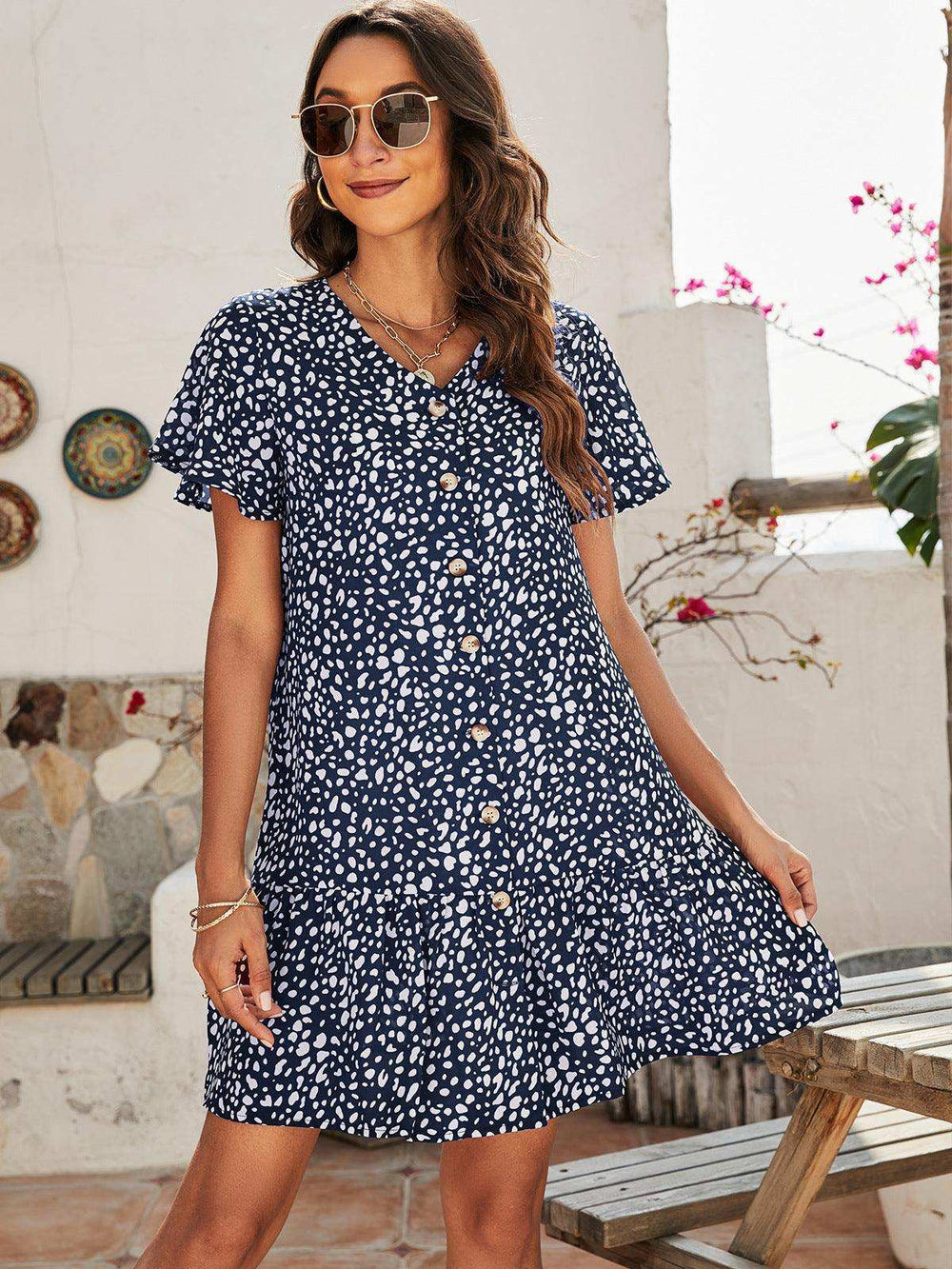 Animal Print Button Front Flutter Sleeve Dress - Trendsi - Flyclothing LLC