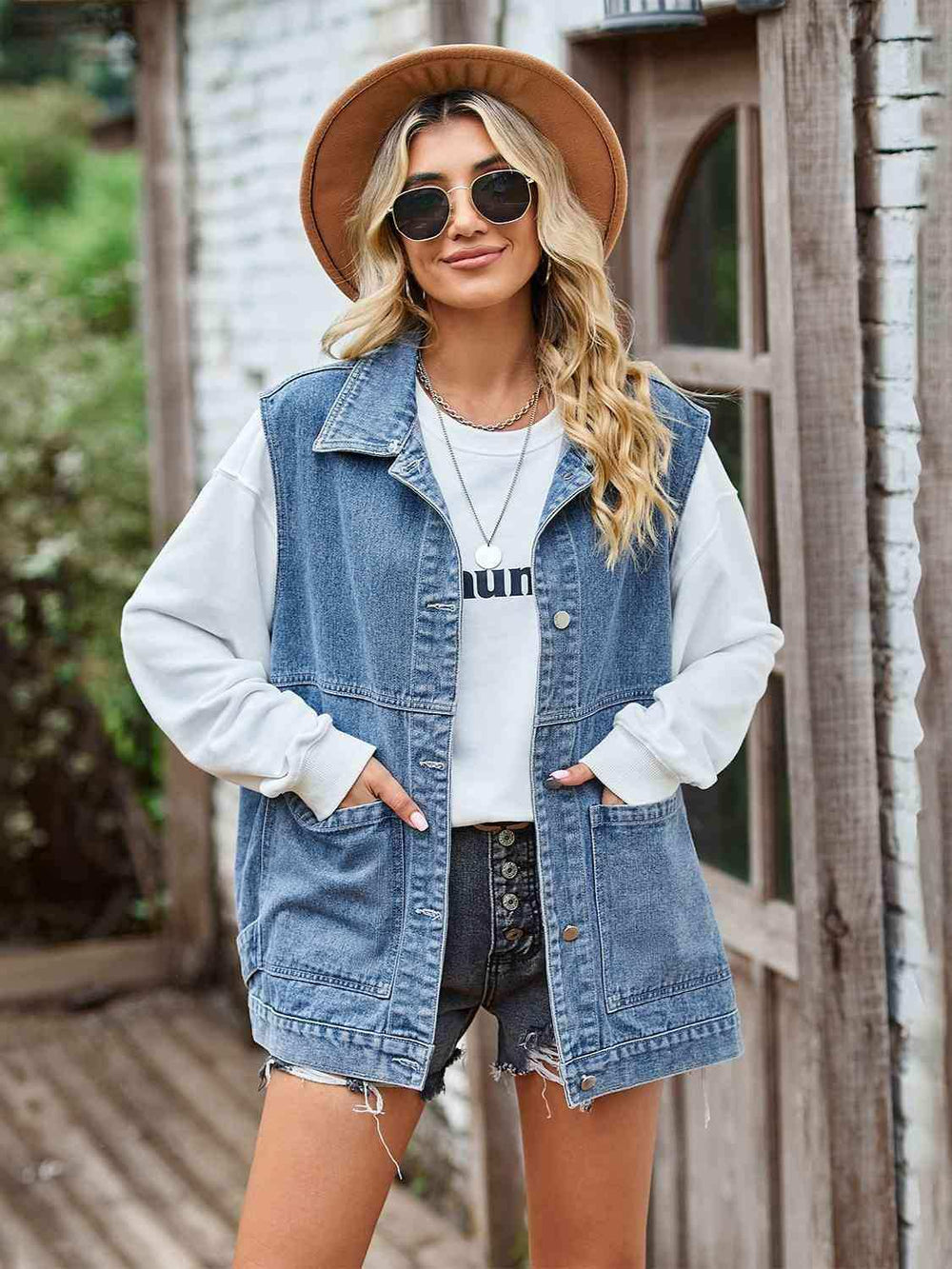 Button Front Sleeveless Denim Jacket - Trendsi - Flyclothing LLC
