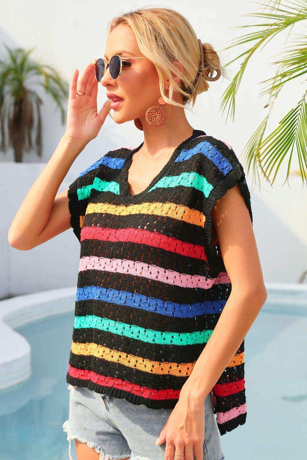 Striped V-Neck Slit Cover Up - Trendsi - Flyclothing LLC