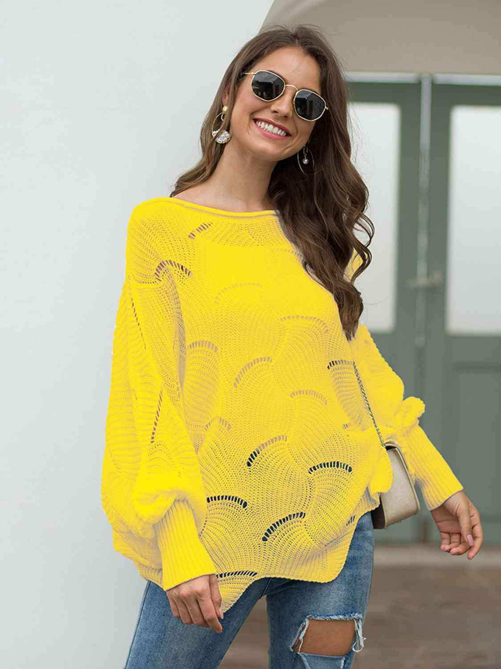 Full Size Boat Neck Lantern Sleeve Openwork Knit Top - Trendsi - Flyclothing LLC