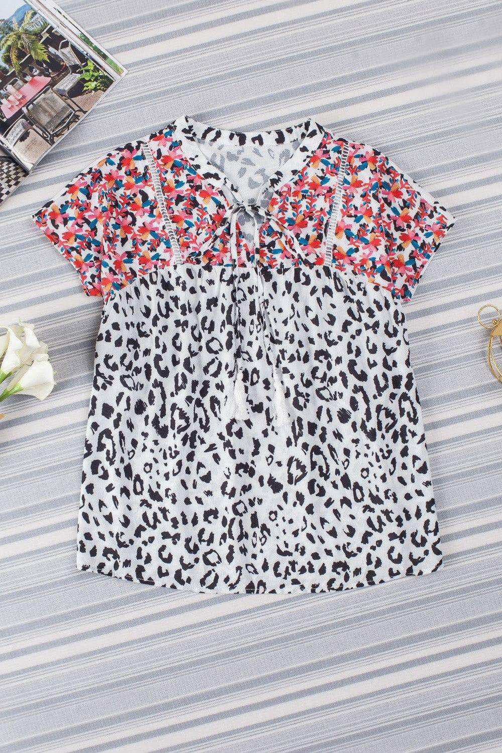Leopard Tassel Tie Short Sleeve Top - Trendsi - Flyclothing LLC