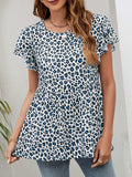Leopard Round Neck Flutter Sleeve Babydoll Blouse - Trendsi - Flyclothing LLC