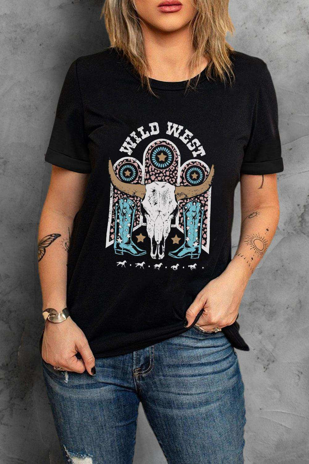 WILD WEST Graphic Short Sleeve Tee Shirt - Trendsi - Flyclothing LLC