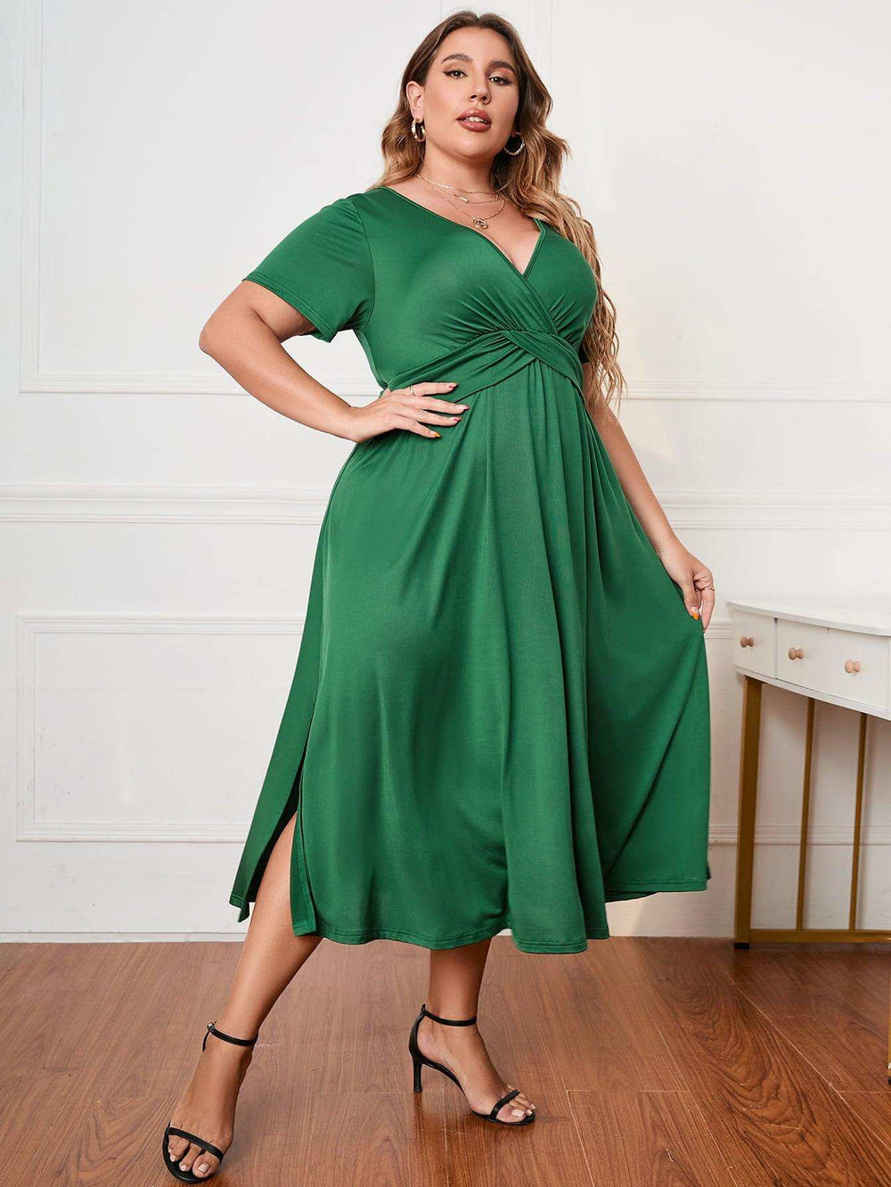 Plus Size Short Sleeve Surplice Neck Midi Dress - Trendsi - Flyclothing LLC