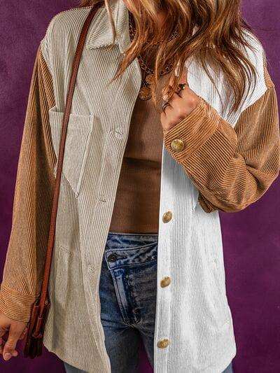 Color Block Ribbed Pocketed Button Up Jacket - Trendsi - Flyclothing LLC