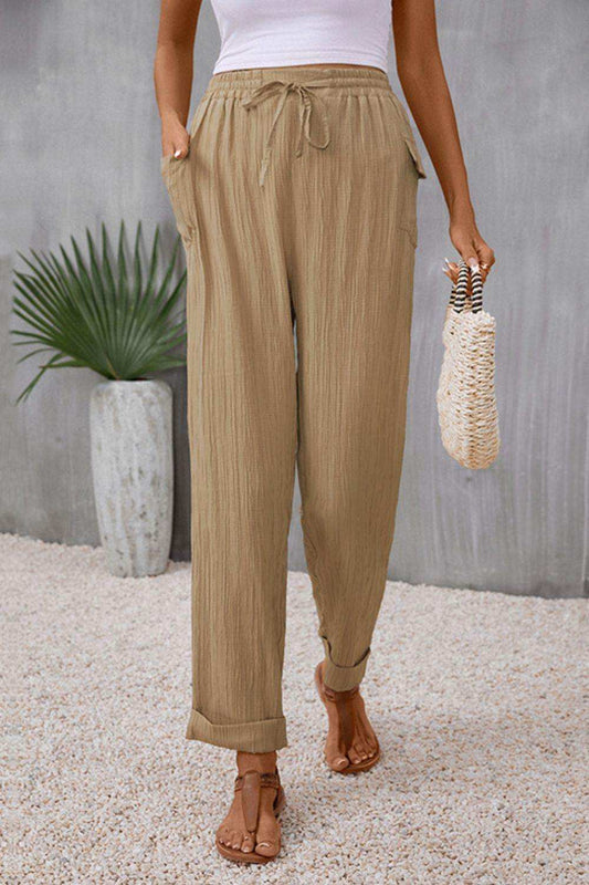 Tie Waist Pocketed Long Pants - Trendsi - Flyclothing LLC