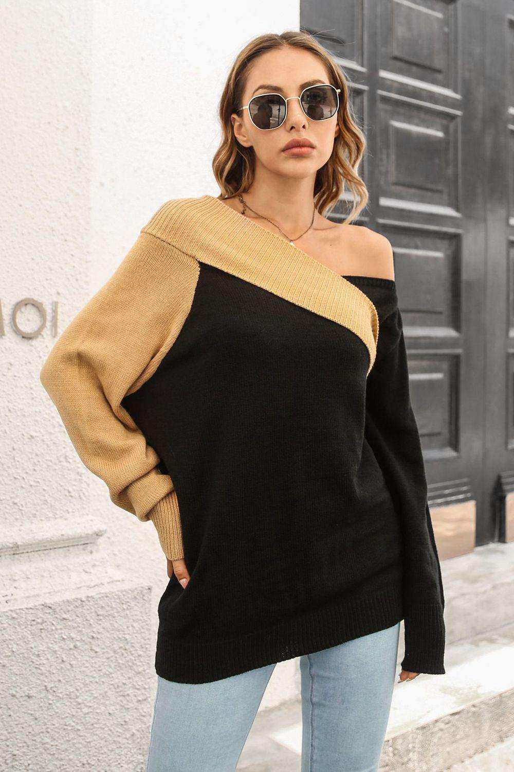 Ribbed Off-Shoulder Lantern Sleeve Pullover Sweater - Trendsi - Flyclothing LLC
