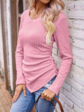 Textured Ruched V-Neck Long Sleeve T-Shirt - Trendsi - Flyclothing LLC