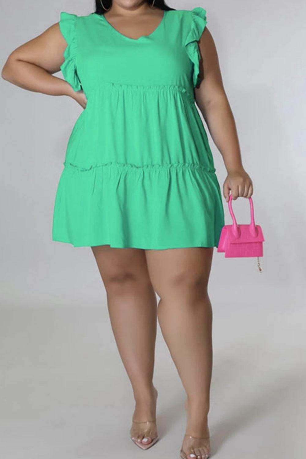 Plus Size V-Neck Frill Trim Mini Dress - Trendsi - Flyclothing LLC