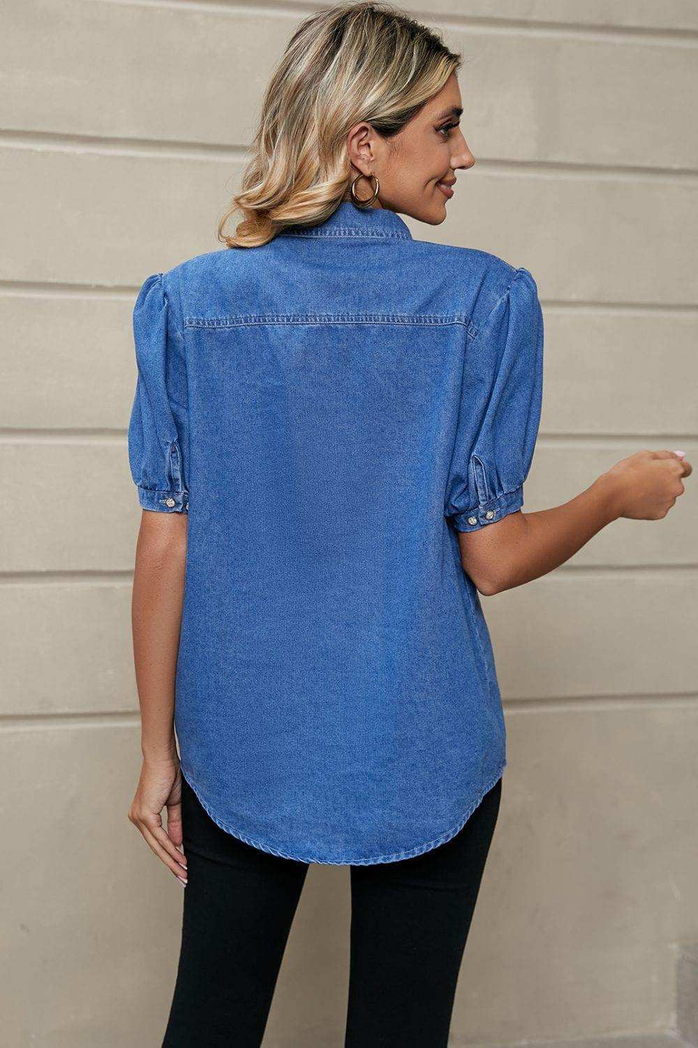 Puff Sleeve Collared Denim Top - Trendsi - Flyclothing LLC