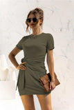 Round Neck Cuffed Sleeve Side Tie Dress - Trendsi - Flyclothing LLC