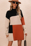 Color Block Mock Neck Dropped Shoulder Sweater Dress - Trendsi - Flyclothing LLC