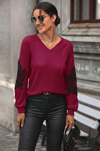 Ribbed Lace Detail V-Neck Sweater - Trendsi - Flyclothing LLC